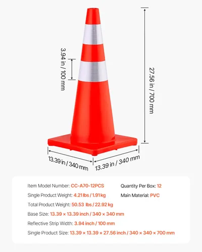 Vista 9 de VEVOR Conos de seguridad, 28 pulgadas/28.7 in de altura, 12 piezas de PVC naranja cono de tráfico con 2 collares reflectantes y base pesada