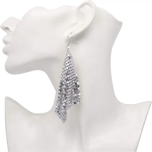 Vista 8 de GIMEFIVE Pendientes de lentejuelas doradas de malla metálica ligera, con borlas, aretes de gancho largos para mujeres y niñas, Metal, No