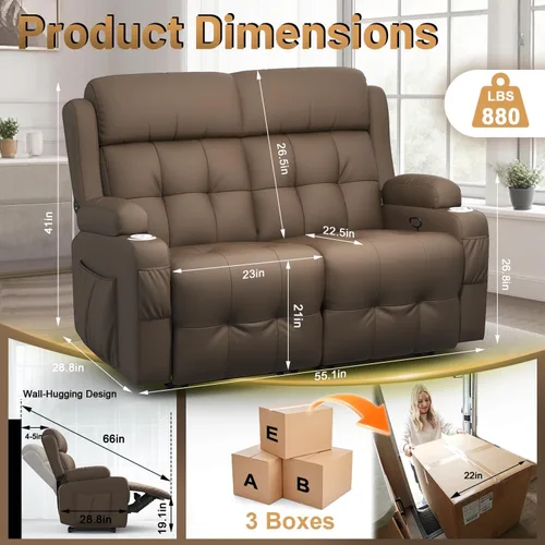 Vista 126 de Sofá de Dos Plazas Reclinable, Sofá Reclinable de Masaje con Gran Capacidad de Peso, Silla de Dos Plazas para RV en Liquidación con Consola, USB
