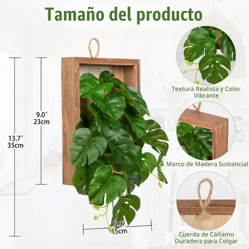 Vista 2 de Plantas colgantes artificiales con marco de madera, paquete de 2 hojas de Monstera