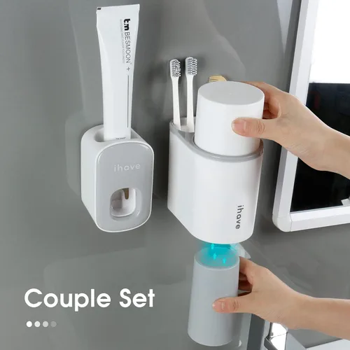 Vista 2 de iHave - Soporte para cepillos de dientes montado en la pared con dispensador automático de pasta de dientes, 2 tazas de soportes para cepillos