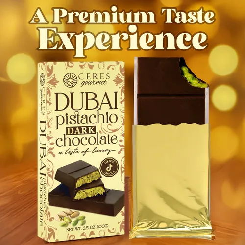 Vista 4 de Ceres Gourmet Barra de chocolate oscuro Dubai Pistachio Knafeh 3.5 oz