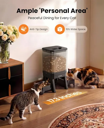 Vista 2 de oneisall Comedero automático para gatos para 2 gatos y mascotas, 32 tazas Cuencos elevados, evitan peleas, porciones precisas, dispensación