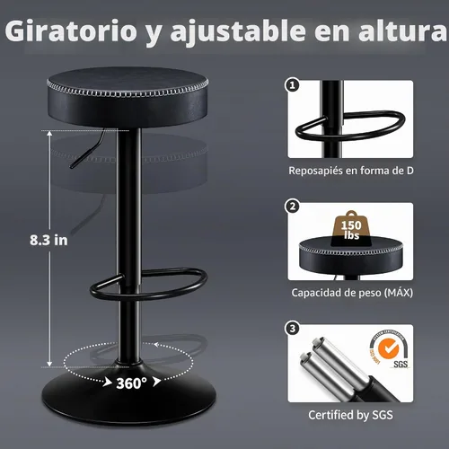 Vista 7 de STOOLINK Juego de 2 taburetes de bar giratorios de cuero de microfibra negro de altura de mostrador con asiento redondo, taburetes de bar ajustables