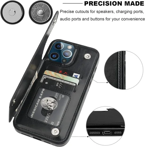 Vista 7 de ONETOP Compatible con iPhone 13 Pro Max Funda Tipo Cartera con Tarjetero, Cuero PU con Soporte Ranuras para Tarjetas, Doble Cierre Magnético y Negro