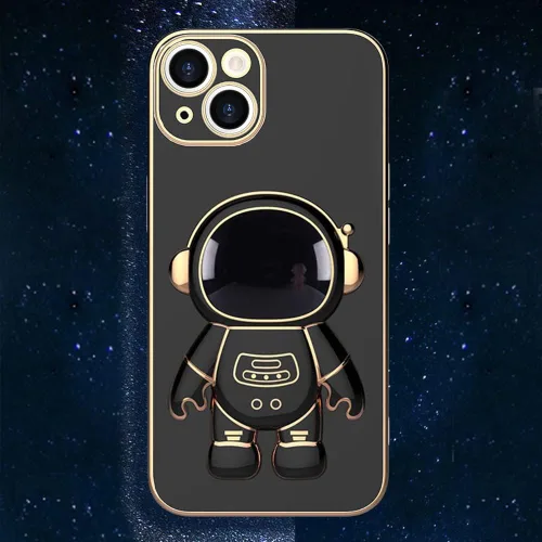 Vista 6 de Pepmune - Funda para iPhone 13 con soporte de astronauta 3D, color negro Luxury Electroplated Soft Silicone Cover with Holder, Lovely 3D Cartoon