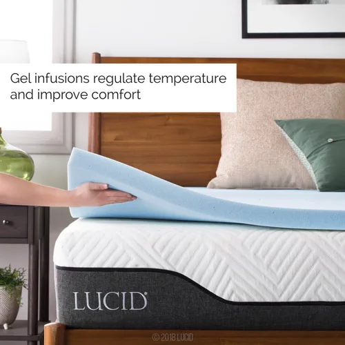 Vista 2 de LUCID Cubrecolchón de espuma viscoelástica con infusión de gel ventilado de 2 pulgadas, tamaño Queen y protector de colchón hipoalergénico 100%