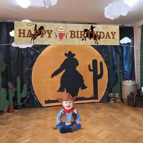 Vista 5 de Labakita Cartel grande de feliz cumpleaños de vaquero occidental, decoraciones de fiesta temática occidental para niños y hombres