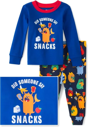 Vista 4 de The Children's Place - Conjunto de pijama de manga larga con botones para bebé niño, ajustado, 100% algodón, 2 piezas ¿Alguien dijo bocadillos