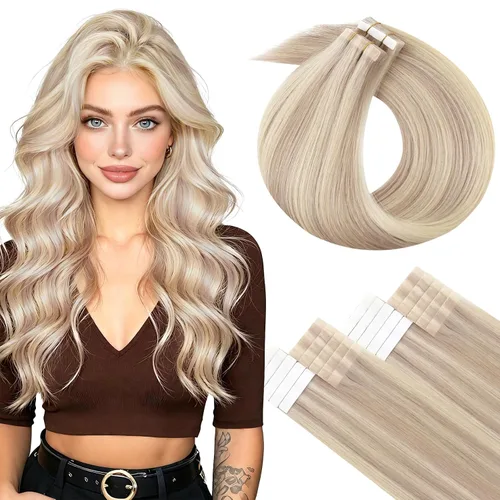 Vista 39 de LaaVoo Extensiones adhesivas de cabello humano real, color negro azabache, extensiones de cabello humano liso y sedoso, 10 pulgadas, 20
