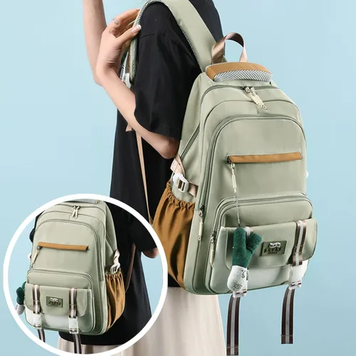 Vista 2 de Mochila Kawaii con bonitos accesorios colgantes, bolsa de viaje, grande, impermeable, informal, para mujeres y hombres, Verde, Mochila Kawaii