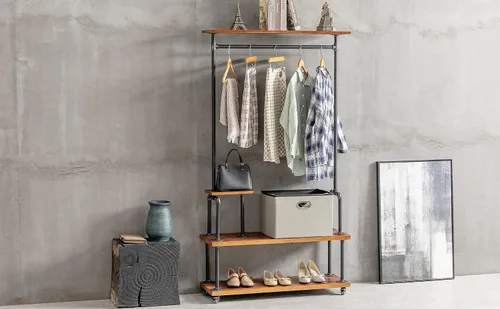 Vista 3 de Perchero industrial para ropa, estilo tubo, perchero de ropa Steampunk resistente, árbol de pasillo con ruedas con estante y almacenamiento