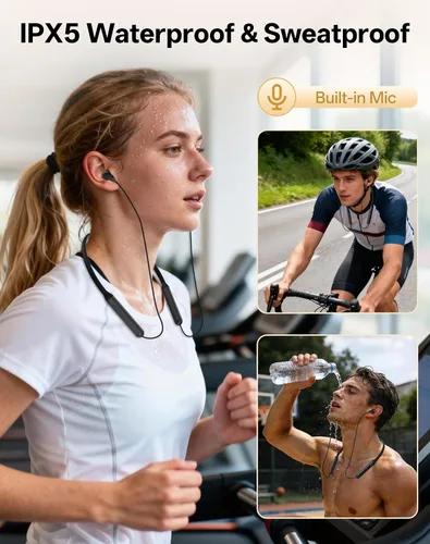 Vista 7 de Auriculares Bluetooth con banda para el cuello, auriculares inalámbricos Bluetooth 6.0 con micrófono, luz cómoda, graves profundos, tiempo de Negro