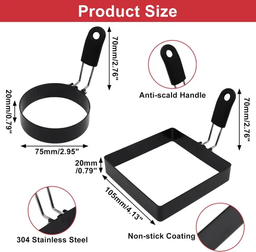 Vista 2 de 4 Pack Egg Rings for Frying Eggs with Foldable Handle, Stainless Steel Square & Round Egg Shaper, Eggs Mcmuffin Ring Mold for Camping Pancake