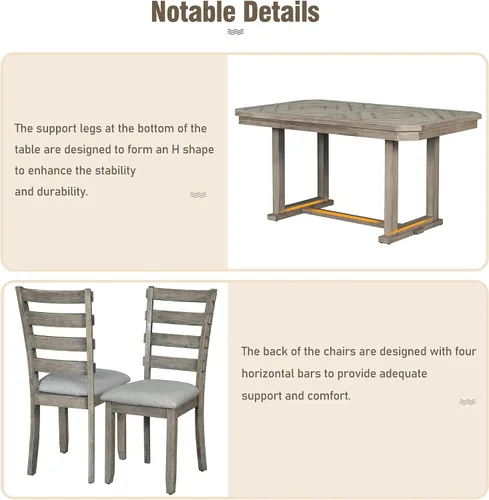 Vista 218 de Juego de mesa de comedor vintage de 6 piezas, juego de mesa de comedor de cocina de madera maciza con 4 sillas ergonómicas acolchadas y banco, mesa