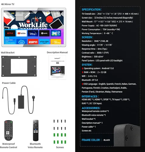 Vista 7 de 32 pulgadas de gama alta Android 13 Smart baño espejo TV Supports Voice Remote Control Voice Assistant, Built-in ATSC Tuner, HDMI (ARC)/SPDIF