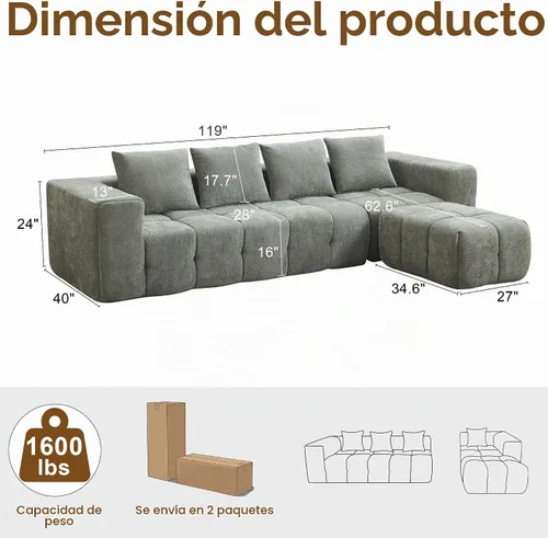 Vista 2 de Sofás sin estructura de 119" tamaño extragrande estilo nube para sala de estar, sofá seccional modular moderno con mechones con asiento profundo