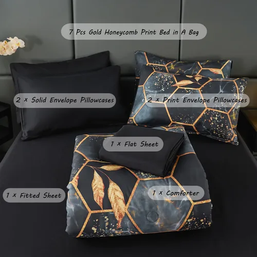 Vista 3 de ZRNBAST - Juego de edredón de nido de abeja negro de tamaño completo de 7 piezas, ropa de cama hexagonal suave y ligera, de mármol para todas