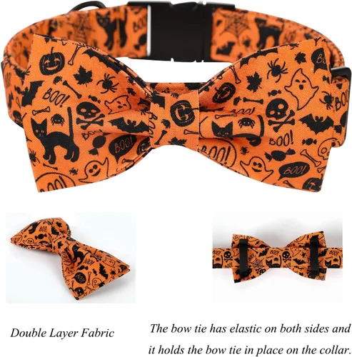 Vista 3 de Lionet Paws Collar de perro de Halloween con corbatín, bonito collar de algodón ajustable con hebilla de metal para perros pequeños, medianos y A