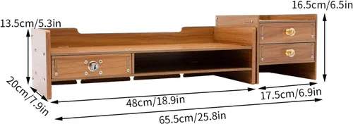 Vista 6 de Estante de madera para monitor de computadora con cajones, soporte ajustable para monitor de TV para laptop, organizador de almacenamiento