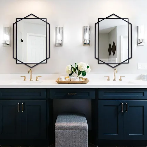 Vista 7 de Espejo de baño negro, espejo decorativo de 20 x 32 pulgadas para sala de estar con marco de metal hexagonal y rectangular, espejo de entrada