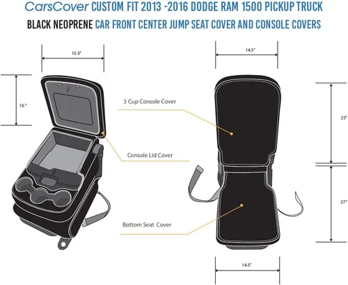 Vista 5 de CarsCover Fundas de asiento personalizadas para Dodge Ram 1500, para camioneta pick-up 2013-2016, de neopreno negro, cubren el asiento central