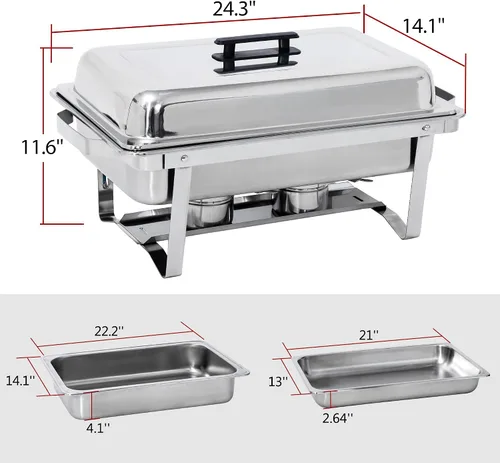 Vista 7 de SUPER DEAL Paquete de 2 calentadores de alimentos de 9 cuartos de galón, juego de bufé rectangular con patas de marco plegable, plato de acero