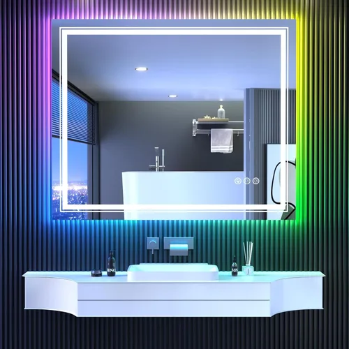 Vista 11 de Snowdool Espejo LED para baño, 28 x 36 pulgadas con retroiluminación RGB de 8 colores + 3 luces delanteras (ajustables individualmente), antiniebla