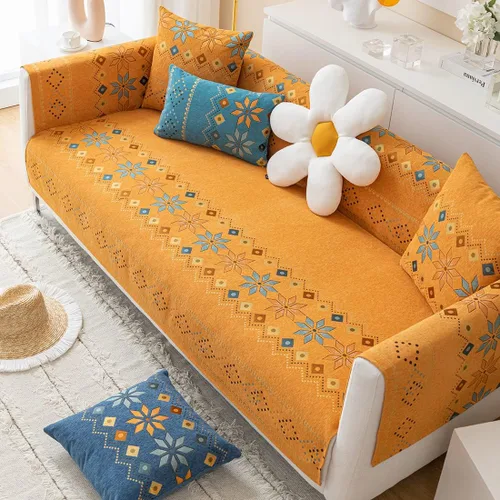 Vista 12 de Funda de sofá de chenilla para sofá modular, diseño geométrico bohemio y jacquard antideslizante, protector de muebles para niños, perros y Azul