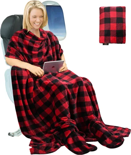 Vista 9 de Tirrinia Manta de viaje para avión, oficina, Poncho 4 en 1, manta portátil de forro polar acogedora de primera calidad con bolsa incorporada