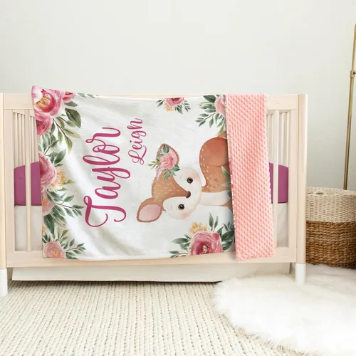 Vista 5 de Manta de bebé personalizada, manta de felpa suave con respaldo de puntos de doble capa para niños y niñas, nombre personalizado con diseño de animal