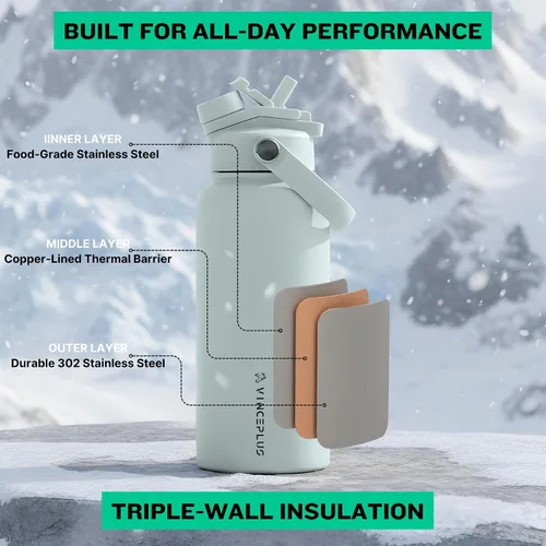 Vista 6 de Botella de agua de acero inoxidable de 32 onzas con tapa 2 en 1, botella de agua aislada al vacío de triple pared, a prueba de fugas, asa