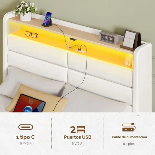 Vista 6 de Seventable Base de cama de tamaño individual con 3 cajones de almacenamiento y estación de carga, cama de plataforma tapizada con cabecera de Blanco