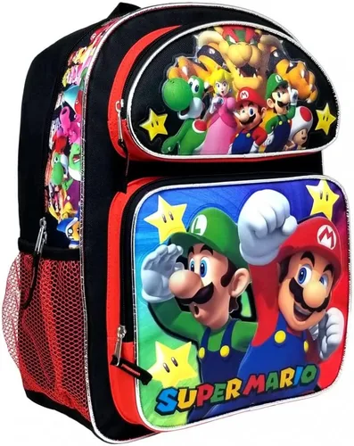 Vista 2 de Super Mario Bros - Mochila escolar grande de 16 pulgadas, Negro, L