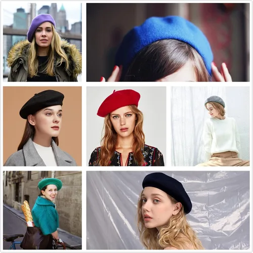 Vista 5 de Boina de lana francesa para mujer, gorra de invierno clásica de color sólido