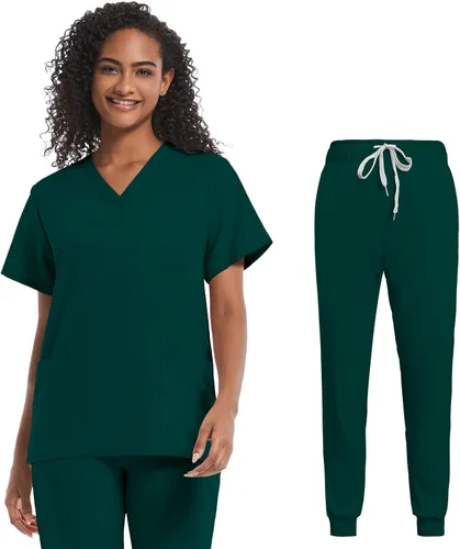 Vista 2 de Conjunto de uniformes quirúrgicos para mujer, pantalones deportivos con cuello en V, bolsillo (verde, XL)