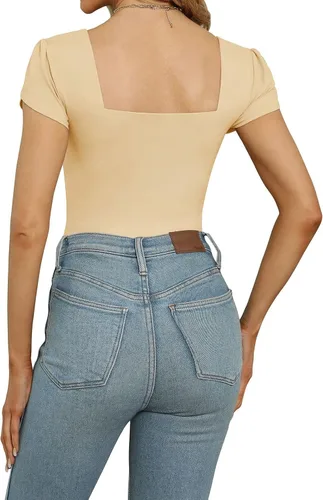 Vista 6 de PINKMSTYLE Body de manga corta con cuello cuadrado para mujer, camiseta básica casual de verano