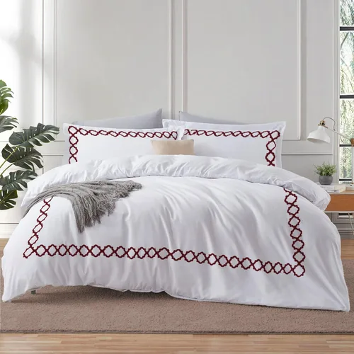 Vista 18 de BedDecor: Enchanted Oasis - Juego de funda de edredón de 3 piezas de 600 hilos de algodón egipcio con bordado de cuadrifolio, ultra suave