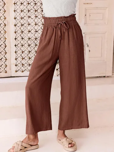 Vista 7 de ANRABESS Pantalones de lino para mujer, estilo casual, holgados, cintura alta, cordón de pierna ancha, pantalones capri palazzo con bolsillos