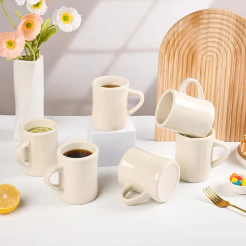 Vista 5 de BYCNZB Juego de 6 tazas de café de cerámica de 11 onzas para restaurante, comedor, granja, cafetería, hogar (crema)