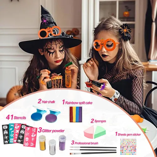 Vista 4 de Maydear Kit de pintura facial para niños, paleta de maquillaje a base de agua de 20 colores con plantillas, purpurina, pastel dividido de arcoíris