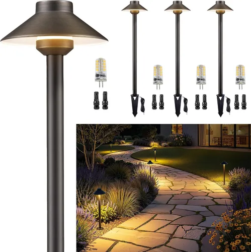 Vista 18 de Gardenreet Luces de camino de latón para exteriores, iluminación de camino de paisaje de bajo voltaje con cable, luz LED de pasarela de 12 V