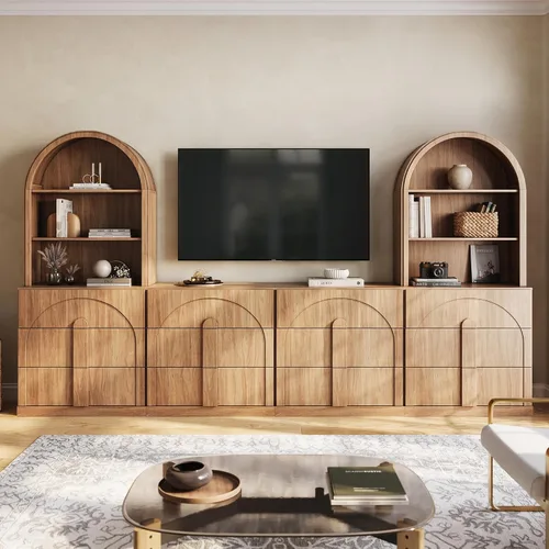 Vista 36 de BELLEZE Centro de entretenimiento modular de 4 piezas con almacenamiento, 2 vitrinas de madera moderna con gabinete arqueado y 2 armarios de puerta