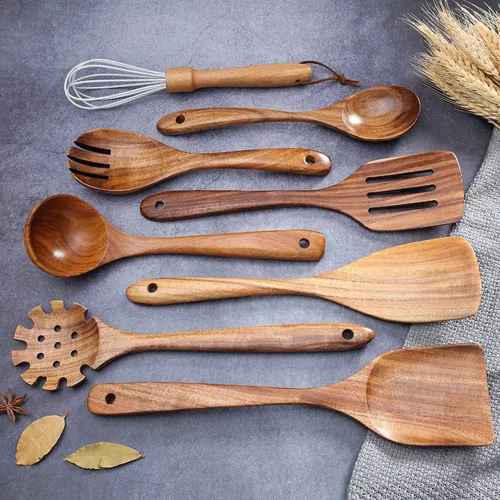 Vista 6 de Utensilios de Cocina de Teca, Utensilios de Cocina de Madera para Sopa, Cuchara de Sazonar, Cuchara de Sumersión, Cuchara para Aceite, Cuchara
