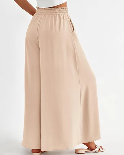 Vista 5 de BTFBM Pantalones casuales de cintura alta y pierna ancha para mujer, diseño floral, lisos, largos, palazzo, para descansar, playa, con bolsillo