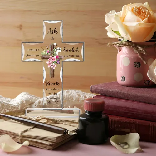 Vista 4 de Regalos Cristianos de Acrílico Chunful para Mujer y Hombre Cruz de Jesús Religiosa y Decorativa con Versículos de la Biblia y Oraciones Cruz