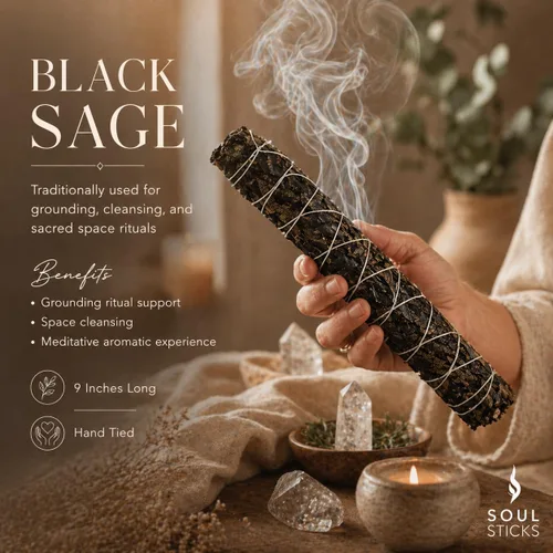 Vista 2 de Soul Sticks Paquete de 1 barra de manchas de salvia negra, 9 pulgadas, bendición de la casa de salvia floral, limpia la casa y la energía negativa