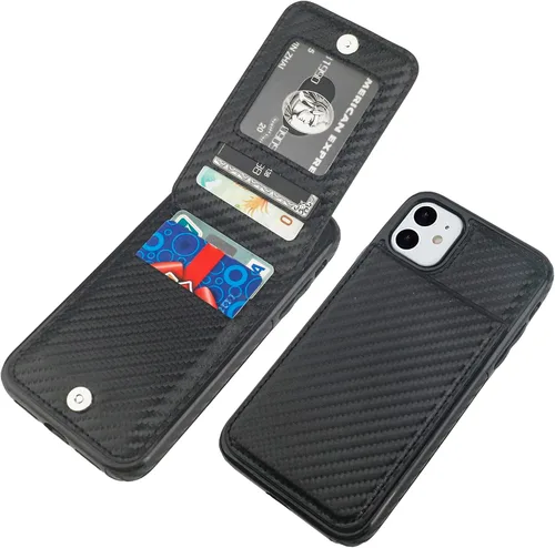 Vista 17 de KIHUWEY - Funda tipo cartera para iPhone 11, tarjetero con soporte, color negro Ranuras para tarjetas de crédito, soporte, piel sintética