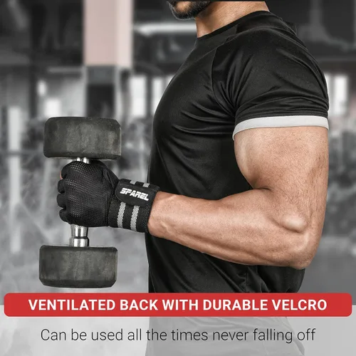 Vista 5 de SPAREL Guantes de entrenamiento para hombres con soporte para muñeca, guantes de levantamiento de pesas para hombres, guantes de gimnasio, guantes