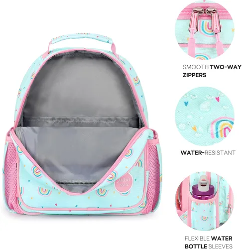 Vista 7 de mibasies Mochila para niñas y niños, ideal para niños y niñas, mochila para preescolar jardín de infantes y primaria, Rosa Arco Iris, Niñito-7L